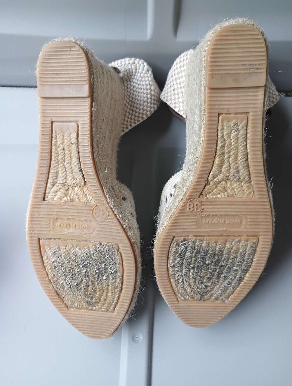 Cream-colored Maypol Beige Eyelet Canvas Espadrille Wedge Sandals Made in Spain - Picture 14 of 16
